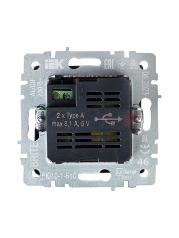 BRITE Розетка USB A+A 5В 3,1А РЮ10-1-БрС сталь IEK