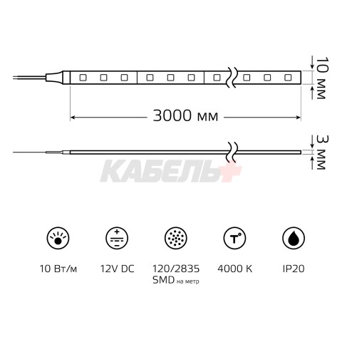 Лента Gauss Basic LED 2835/120 12V 10W/m 700lm/m 4000K 8mm IP20 3m 1/100