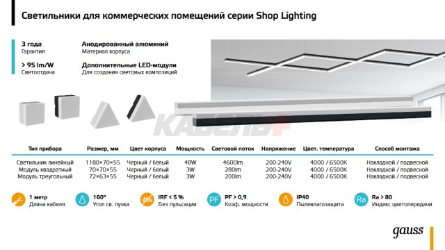 Св-к светодиодный матовый Gauss IP40 1180*70*55мм 48W 4600Лм 6500K Shop Lighting белый 1/12