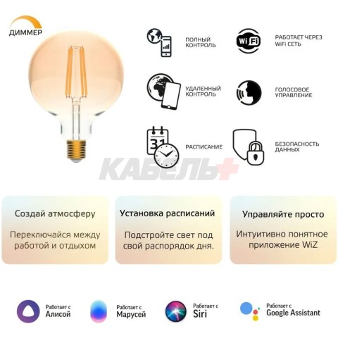 Лампа Gauss Smart Home Filament G95 6,5W 720lm 2000-5500К E27 изм.цвет.темпр.+диммирование LED