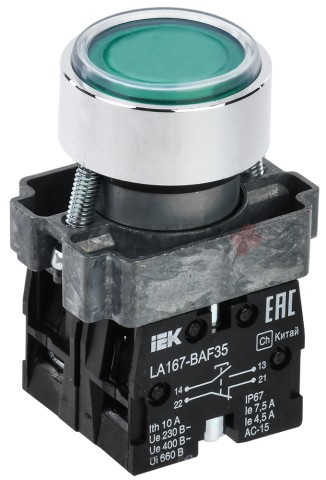 Кнопка управления LA167-BAF35 d=22мм 1NO+1NC зеленая IEK