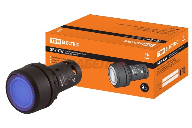 Кнопка SB7-CW3665 с возвратом, 1НО+1НЗ, d22 мм, 220 В LED, синяя, IP54 TDM