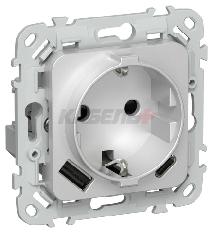 FLITE Розетка 1-местная с заземлением с защитными шторками 16А с USB A+C 20Вт безвинтовое крепление РСЮшс11-1-ФлА алюминий IEK