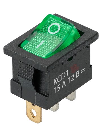 KCD1-101N 12В AC/DC, 1P, 15А, (3с), ON-OFF, черный корпус, зеленая клавиша, LED подсветка, Mini TDМ