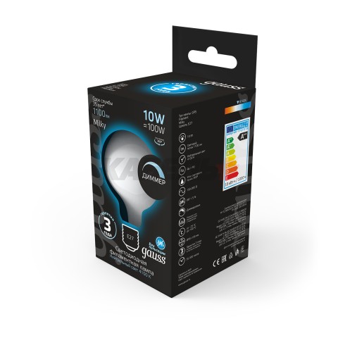 Лампа Gauss Filament G95 10W 1100lm 4100К Е27 milky диммируемая LED 1/20