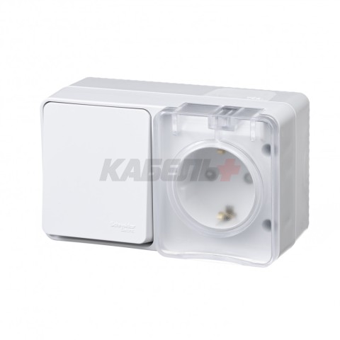 ATLASDESIGN PROFI IP54 О/У БЛОК: РОЗЕТКА с заземл. со шт., 16А, ВЫКЛЮЧАТЕЛЬ 1-клав., 10АХ, БЕЛЫЙ