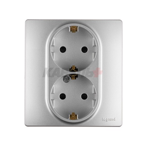 INSPIRIA Розетка 2-местная с заземлением с защитными шторками 16А безвинтовое крепление в сборе алюминий