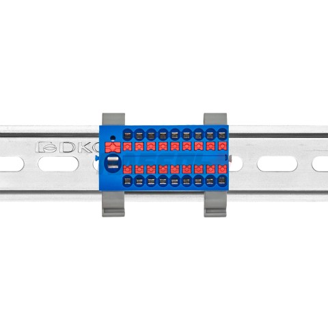 Блок распределительный с гориз. адаптером на рейку шириной 35мм, зажим push-in, 1 ввод 6 кв.мм, 18 точек подключения 2,5 кв.мм, синий DKC