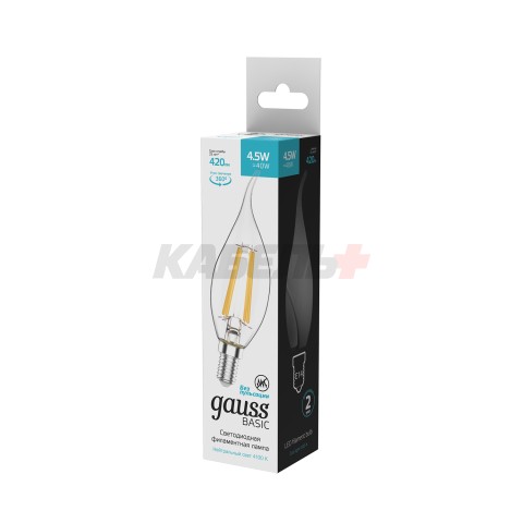 Лампа Gauss Basic Filament Свеча на ветру 4,5W 420lm 4100К Е14 LED 1/10/50