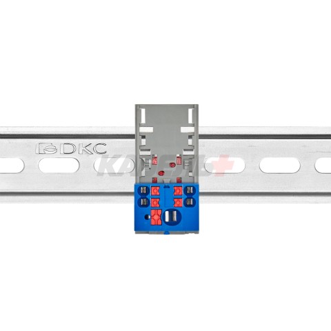 Блок распределительный с верт. адаптером на рейки шириной 15/35мм, зажим push-in, 1 ввод 6 кв.мм, 4 точки подключения 2,5 кв.мм, синий DKC