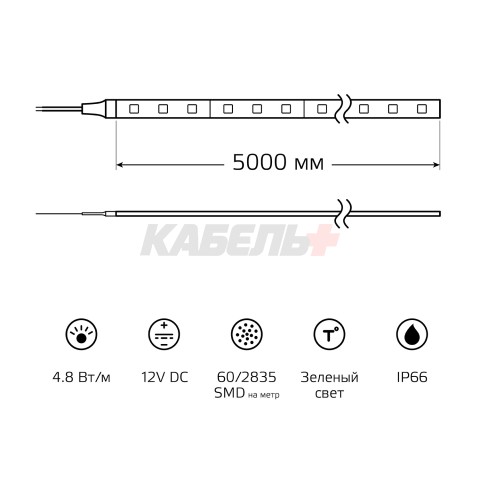 Лента Gauss LED 2835/60-SMD 4.8W 12V DC зеленый IP66 (блистер 5м)