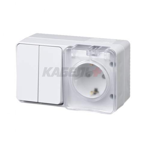 ATLASDESIGN PROFI IP54 О/У БЛОК: РОЗЕТКА с заземл. со шт., 16А, ВЫКЛЮЧАТЕЛЬ 2-клав., 10АХ, БЕЛЫЙ