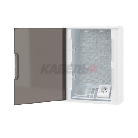 Щиток 24 мод настенный слаботочный FRAME, белый, с тонированной дверцей, с монтажной платой, в комплекте с 1 розеткой Viva (арт. 45005) и установочной рамкой DKC