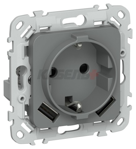 FLITE Розетка 1-местная с заземлением с защитными шторками 16А с USB A+A 3,1А РСЮша11-0-ФлМА мокрый асфальт IEK