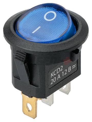 KCD2-101N 12В AC/DC, 1P, 20А, (3с), ON-OFF, черный корпус, синяя клавиша, с LED подсв. TDM