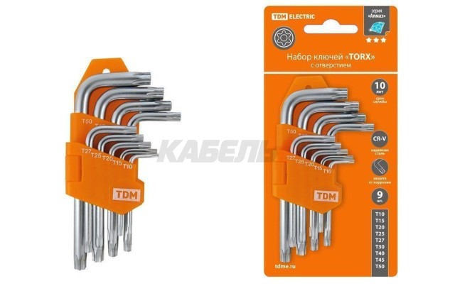 Набор ключей "TORX" с отверстием 9 шт: Т10-Т50 (держатель в блистере), CR-V сталь "Алмаз" TDM