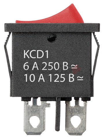 KCD1-101B 250В AC/DC, 1P, 6А, (2с), ON-OFF, черный корпус, красная клавиша, Mini TDM