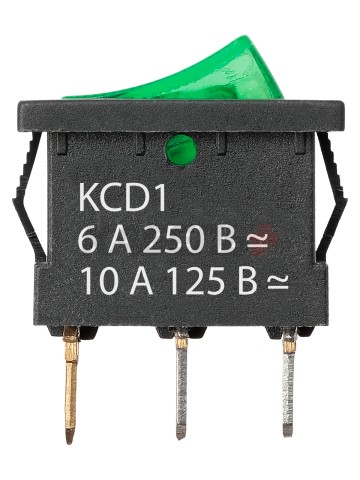 KCD1-101N 250В AC/DC, 1P, 6А, (3с), ON-OFF, черный корпус, зеленая клавиша, LED, Mini TDM