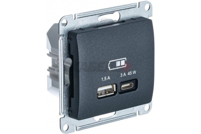 GLOSSA USB РОЗЕТКА A + тип-C 45W высокоскор.заряд. QC, PD, механизм, АНТРАЦИТ