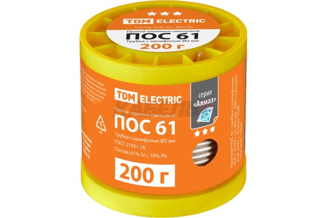 Припой ПОС 61, трубка с канифолью, ГОСТ 21931-76, Ø2 мм, 200 г, катушка, инд. упак., "Алмаз" TDM