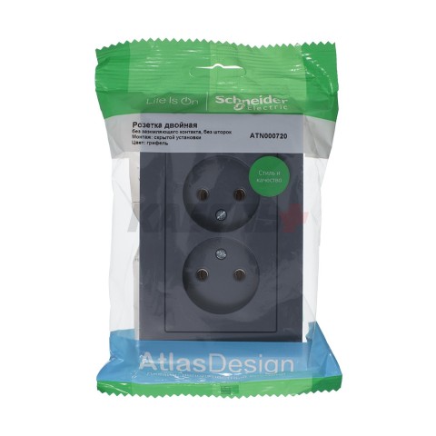 ATLASDESIGN РОЗЕТКА двойная без заземления, 16А, в сборе, ГРИФЕЛЬ