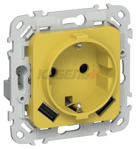 FLITE Розетка 1-местная с заземлением с защитными шторками 16А с USB A+A 3,1А РСЮша11-0-ФлЖК желтый карри IEK