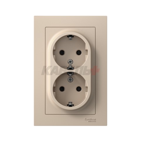 ATLASDESIGN РОЗЕТКА двойная с заземлением со шторками, 16А, в сборе, ПЕСОЧНЫЙ