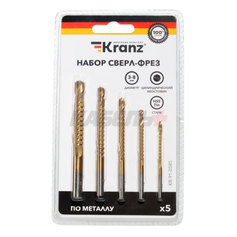 Набор cверл-фрез по металлу 3-4-5-6-8мм, HSS, ТИТАН, цилиндрический хвостовик, 5 шт. KRANZ