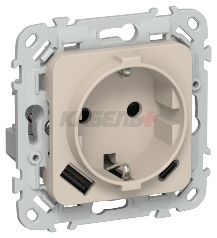 FLITE Розетка 1-местная с заземлением с защитными шторками 16А с USB A+C 20Вт безвинтовое крепление РСЮшс11-1-ФлЛ льняной IEK