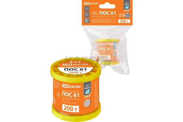 Припой ПОС 61, трубка с канифолью, ГОСТ 21931-76, Ø1 мм, 200 г, катушка, инд. упак., "Алмаз" TDM