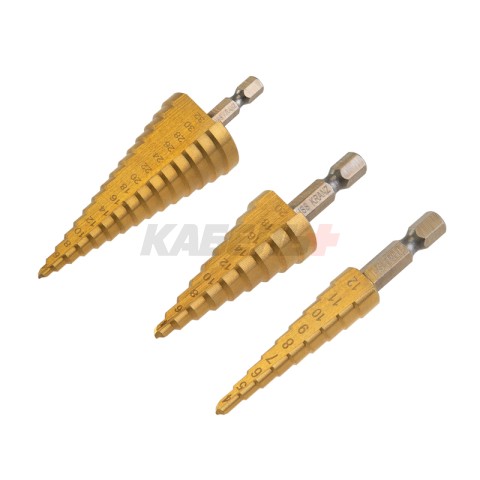 Набор ступенчатых сверл, 4-12,4-20,4-32мм, HSS-TiN, ТИТАН, 3 шт. KRANZ