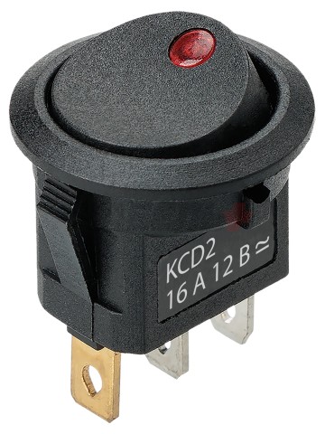 KCD2-101N-2 12В AC/DC, 1P, 16А, (3с), ON-OFF, черный с красной точечной LED подсветкой TDM