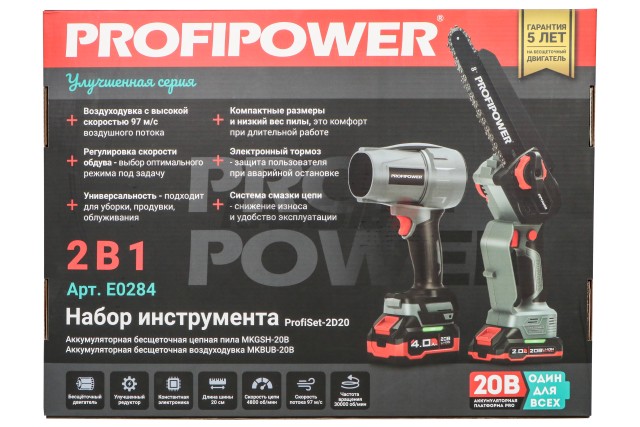 Аккумуляторный бесщеточный E0284 НАБОР 2в1 PROFIPOWER ProfiSet-2D20 (Li-ion-2шт, 20B, 2.0Ач, 4.0Ач, в коробке, E0225, E0216)