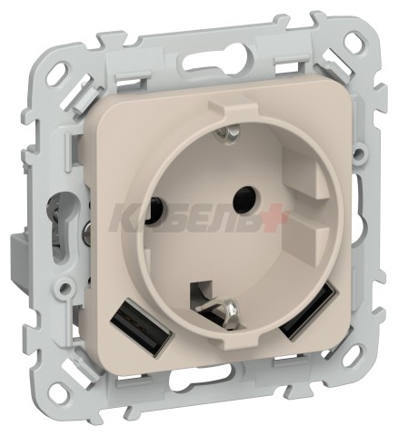 FLITE Розетка 1-местная с заземлением с защитными шторками 16А с USB A+A 3,1А безвинтовое крепление РСЮша11-1-ФлЛ льняной IEK