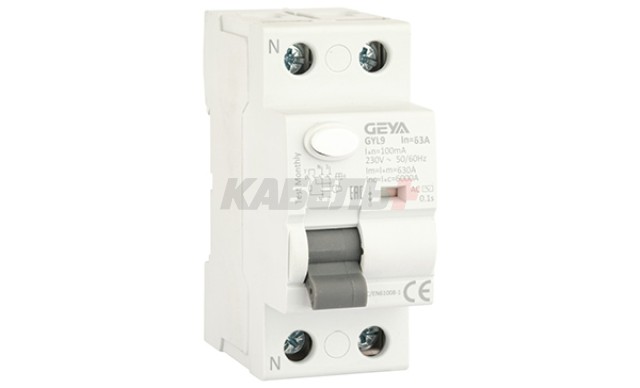 УЗО GYL9-2P-63A-100mA, 2P, 63A, 6 kA, 100mA, тип AC, 2M