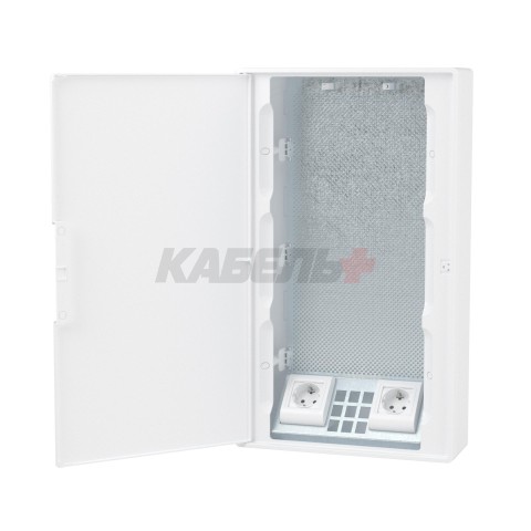 Щиток 36 мод настенный слаботочный FRAME, белый, с белой дверцей, с монтажной платой, 2 розетками (арт. 76482B) и установочной рамкой DKC