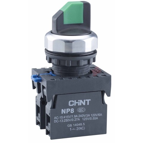 Переключатель без подсветки NP8-11X/21, 2 положения с фиксацией, чёрная 1НО+1НЗ IP65 (R) (CHINT)