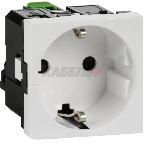 Розетка с заземляющим контактом защитной шторкой и безвинтовым зажимом (2 модуля) белая