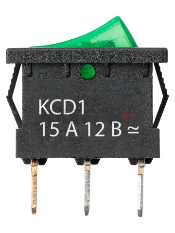 KCD1-101N 12В AC/DC, 1P, 15А, (3с), ON-OFF, черный корпус, зеленая клавиша, LED подсветка, Mini TDМ