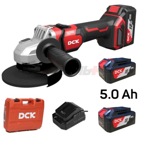 Машина шлифовальная аккумуляторная угловая бесщеточная DCK KDSM04-125, 125мм, 18В, 2*5 а/ч, 9000 об/мин