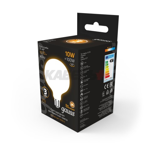 Лампа Gauss Filament G125 10W 1070lm 3000К Е27 milky LED 1/20