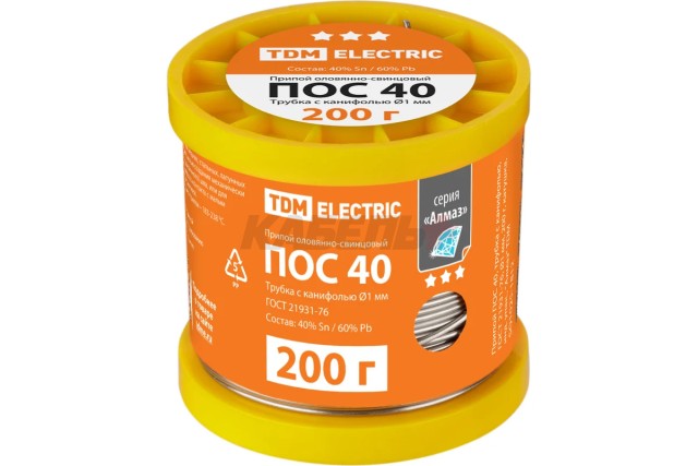 Припой ПОС 40, трубка с канифолью, ГОСТ 21931-76, Ø1 мм, 200 г, катушка, инд. упак., "Алмаз" TDM
