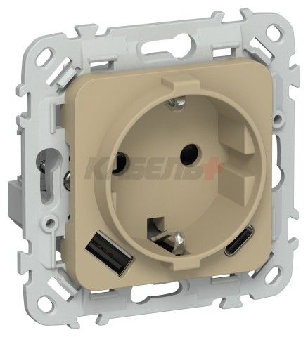 FLITE Розетка 1-местная с заземлением с защитными шторками 16А с USB A+C 20Вт РСЮшс11-0-ФлХ хаки IEK