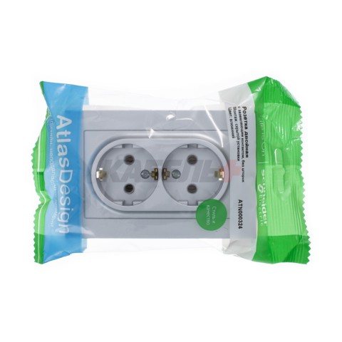 ATLASDESIGN РОЗЕТКА двойная с заземлением без шторок, 16А, в сборе, АЛЮМИНИЙ