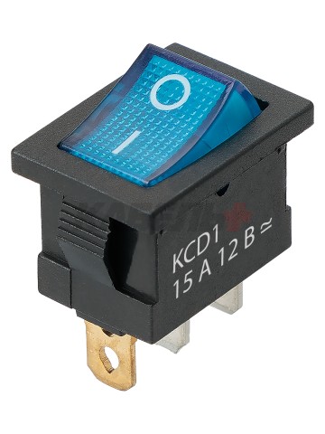 KCD1-101N 12В AC/DC, 1P, 15А, (3с), ON-OFF, черный корпус, синяя клавиша, LED, Mini TDM