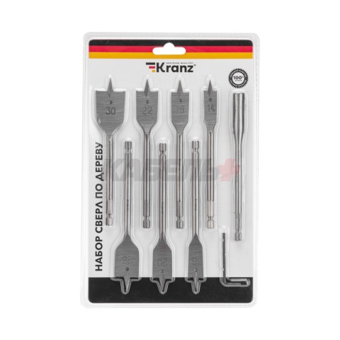 Набор сверл перовых по дереву 9 предметов: 14-16-18-20-22-25-30х152 мм, удлинитель, ключ угловой Kra