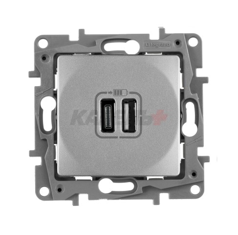 Etika - Зарядное устройство с двумя USB-разъемами Type A + Type C, 3000mA (алюминий)