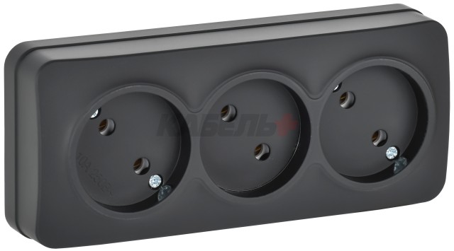 GLORY Розетка 3-местная для открытой установки без заземления без защитных шторок 10А РС23-2-ХЧм черный матовый IEK