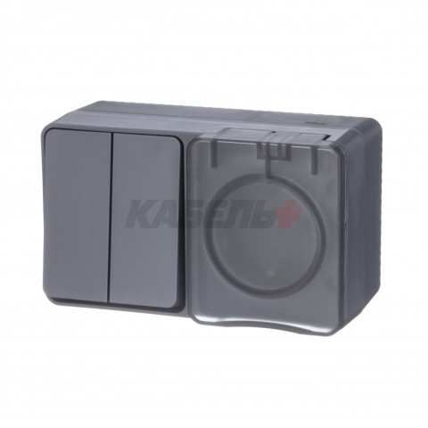 ATLASDESIGN PROFI IP54 О/У БЛОК: РОЗЕТКА с заземл. со шт., 16А, ВЫКЛЮЧАТЕЛЬ 2-клав., 10АХ, АНТРАЦИТ