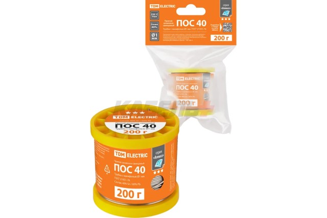 Припой ПОС 40, трубка с канифолью, ГОСТ 21931-76, Ø1 мм, 200 г, катушка, инд. упак., "Алмаз" TDM